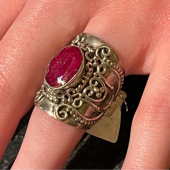 NWT Solid 925 Kashmir Genuine Ruby wide statement band ring Christmas Valentines - Picture 6 of 9